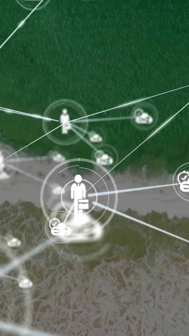 Video verticale: Icona professionale che si ridimensiona, invia linee, collega nodi cloud, mappando una rete aziendale sulla costa.