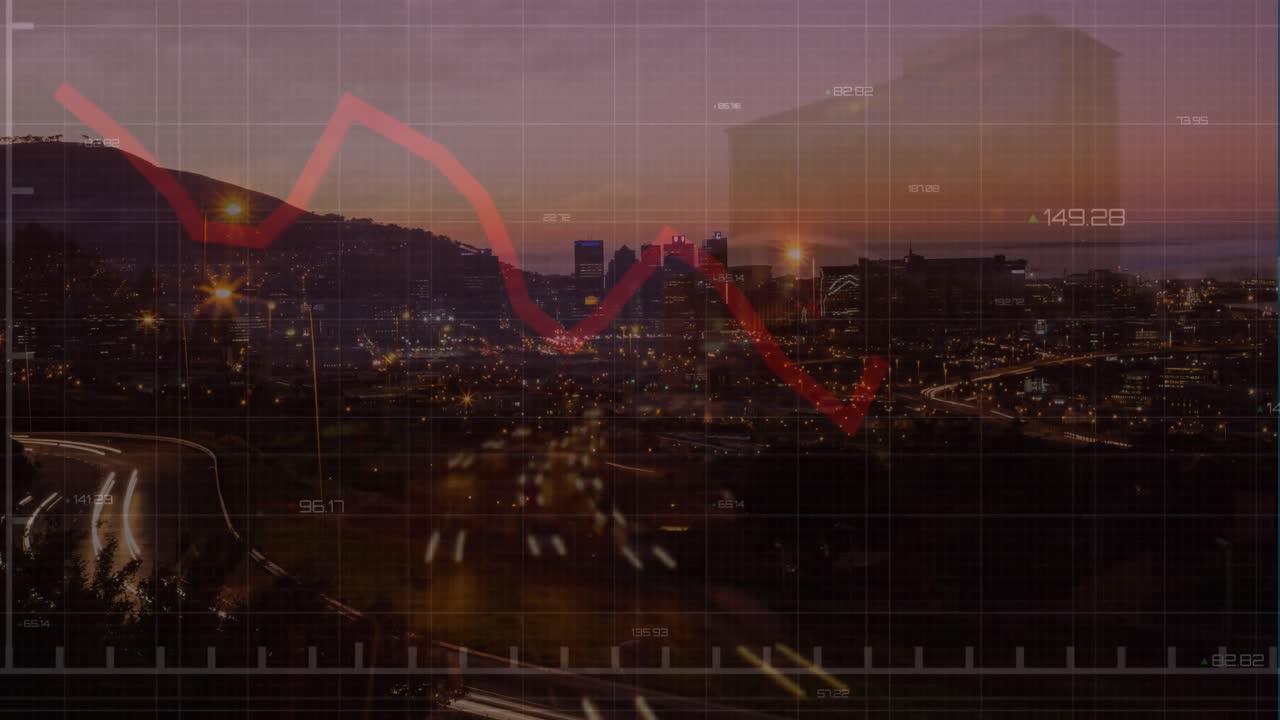 animação de gráficos e dados financeiros ao longo do tempo com o tráfego rodoviário ao pôr do sol