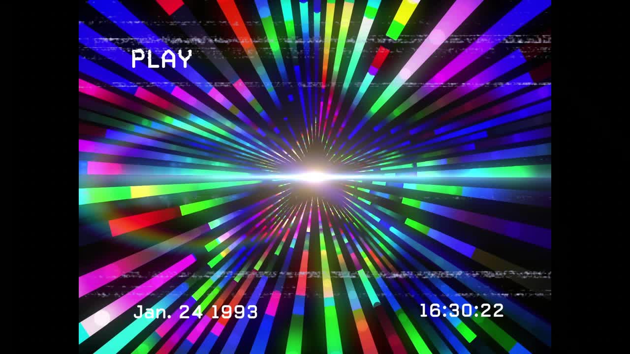 PLAY overlay initiating tape playback, center flare pulsing, beams shimmering, timestamp advancing