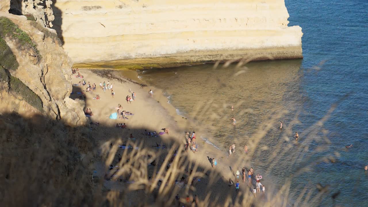 초점 샷 설정, 포르투갈 알가르베에서 일광욕을 하는 해안선 사람들의 아름다운 풍경, 화창한 날, 배경에 마른 풀