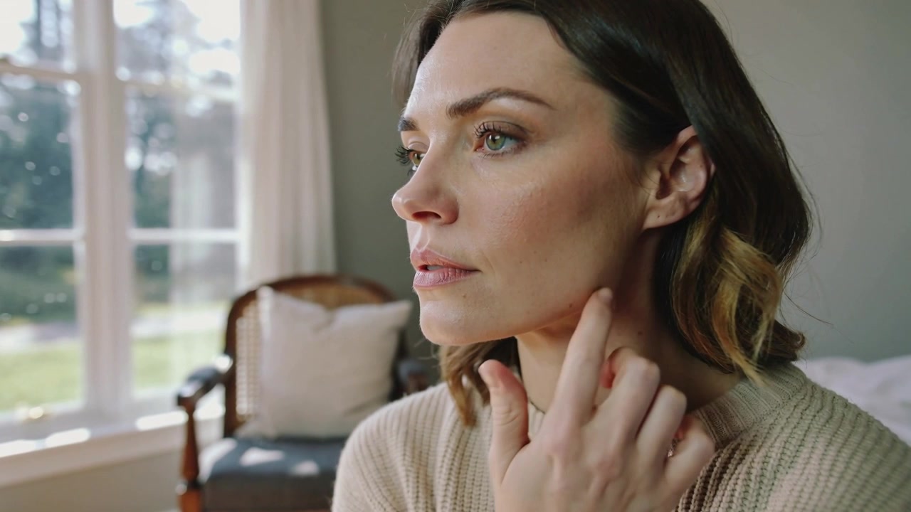 Donna che guarda fuori dalla finestra con un maglione beige, toccandosi la mascella e riflettendo in una camera da letto con biancheria bianca.