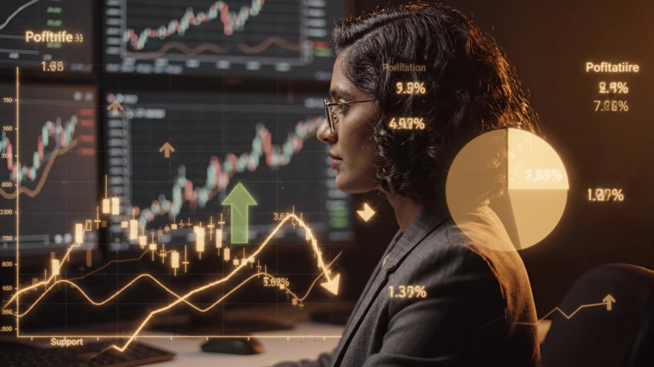 Analisi di Dati e Tendenze Finanziarie: Una Professionista Esamina l'Andamento del Mercato Azionario con Grafici Dinamici e Indicatori su Monitor Multipli.