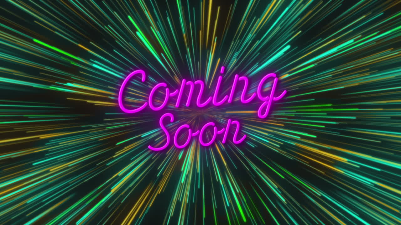 animación de texto que llegará pronto sobre senderos de neón