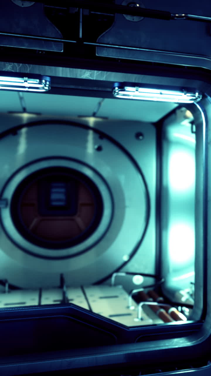 Entrare in una camera circolare in un'ambientazione di fantascienza di notte.
