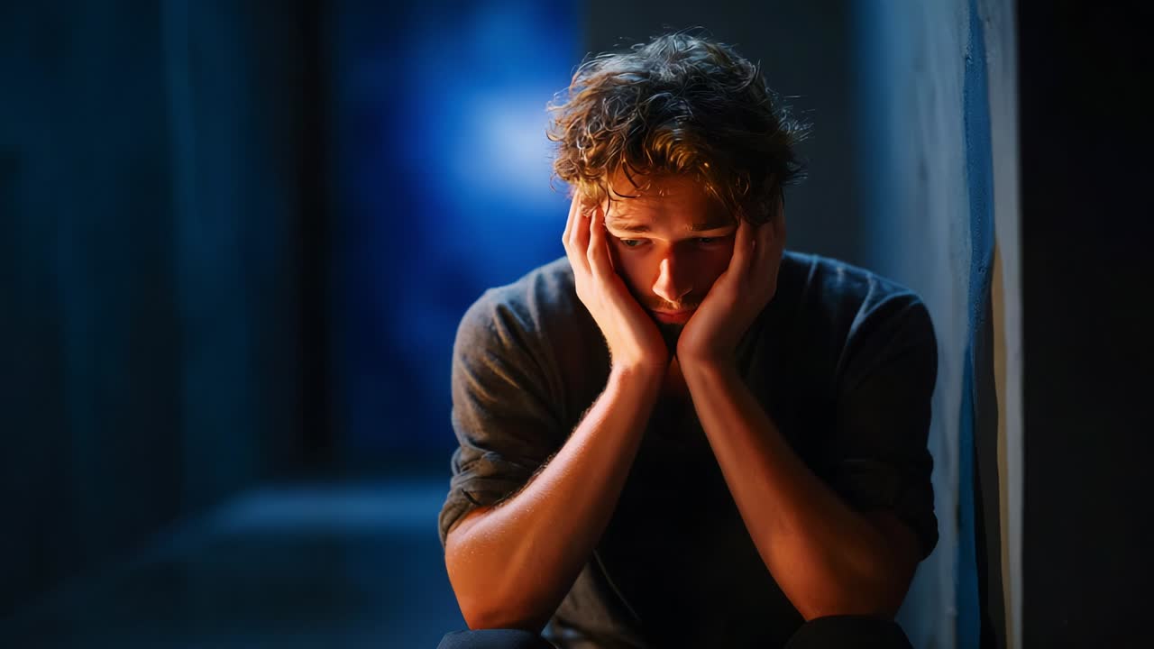 Una riflessione solenne: catturare la profondità delle emozioni in due immagini in cui un giovane contempla in solitudine, circondato da ombre e luce soffusa, trasmettendo pensieri ossessionanti e turbamento interiore