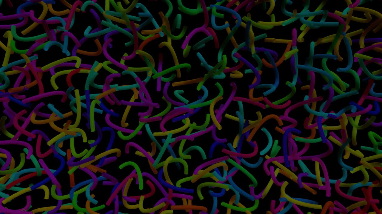 3d 추상적인 루프 배경, 네온 빛, 특이한 모양의 불빛 전구의 다채로운 플래시, 구부러진 선이 어 속에서 밝게 박이고, vj 루프 모션 디자인 bg.