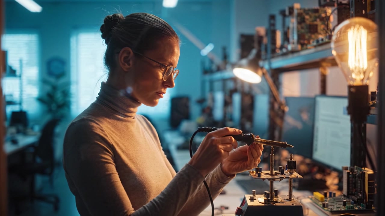 Uma engenheira focada interagindo com equipamentos de placa de circuito em um espaço de trabalho de tecnologia moderno, iluminado por luz brilhante para trabalho de precisão.