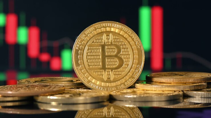 Primo piano di diversi Bitcoin fisici con grafici digitali in movimento sullo sfondo