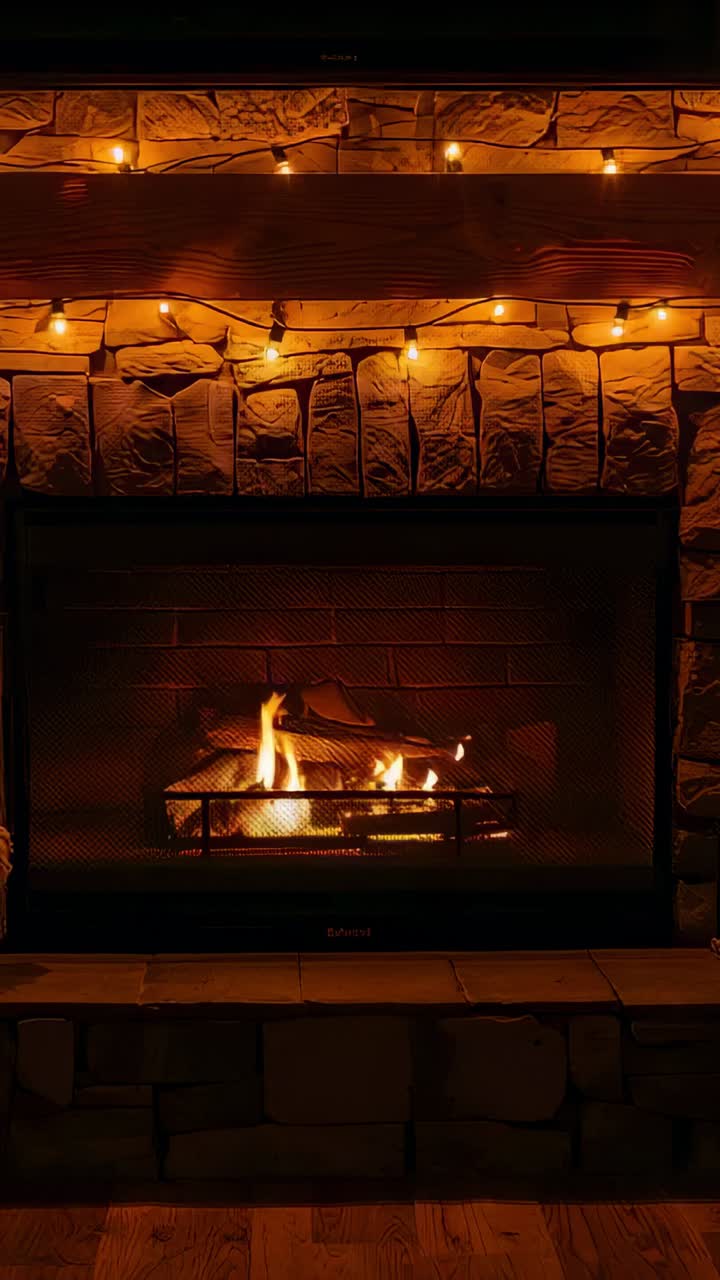 Vertical video: Burning logs warming stone firebox behind screen at home, string lights adding glow
