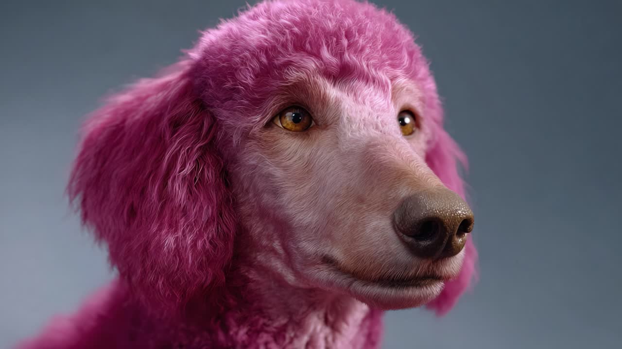 Şık bir stüdyo ortamında, canlı pembe kürklü, oyuncu bir köpeğin büyüleyici portresi, köpek karakterinin ilginç özünü yakalıyor