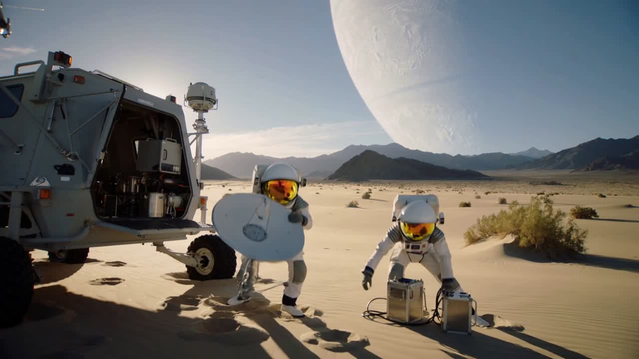Tripulantes saliendo del rover tras la apertura de la escotilla, dos miembros de la tripulación con traje espacial desplegando una antena y cajas para las comunicaciones en una llanura arenosa.