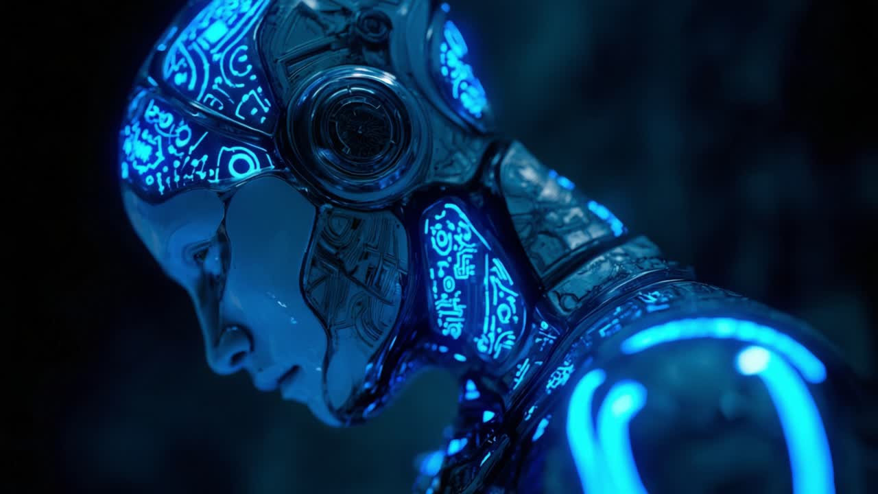 Profile view of a futuristic female android with intricate, glowing blue patterns on her metallic body, representing advanced artificial intelligence and cybernetic technology in a dark environment