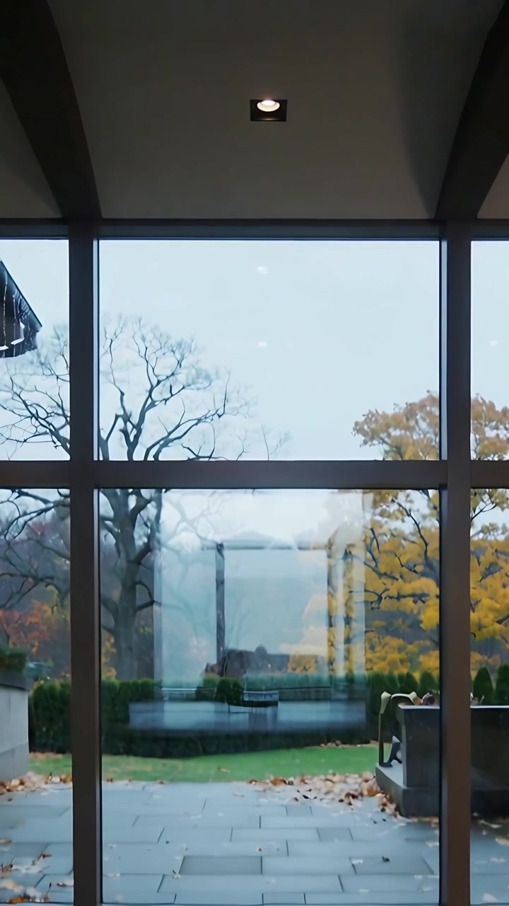 Vertical video: Tilting camera from recessed light revealing glass wall at home, exposing garden