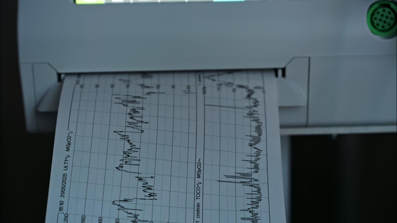 Close-up of a fetal monitor in a doctor's office, displaying fetal heart rate and uterine contraction data during a prenatal check-up