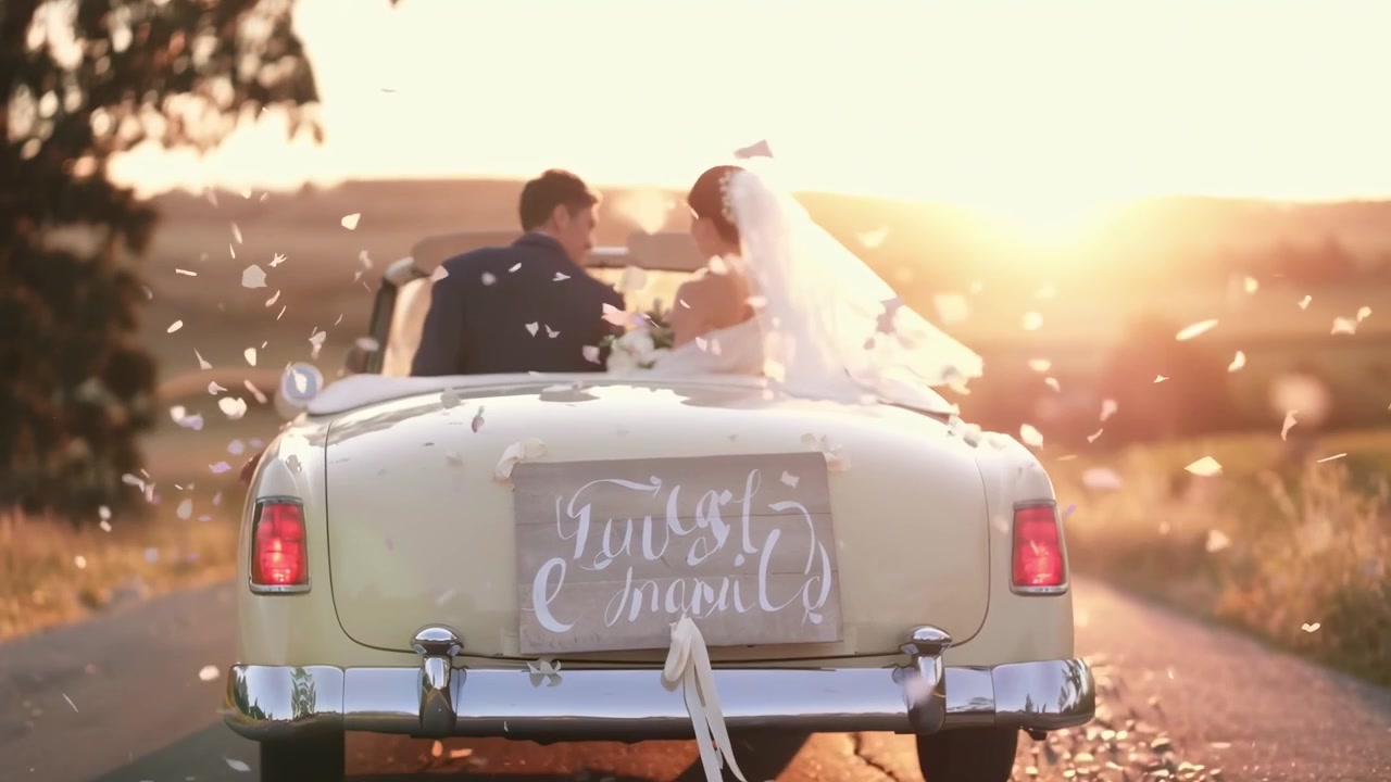 Frisch verheiratetes Paar fährt in Oldtimer bei Sonnenuntergang mit Konfetti davon