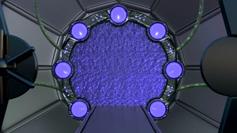 la escotilla de hierro abre una vista panorámica a la escena del paisaje de la nave espacial. fondo abstracto 3d de corredor de ciencia ficción con portal. tecnología futurista abstracto vj para títulos tecnológicos y fondo.
