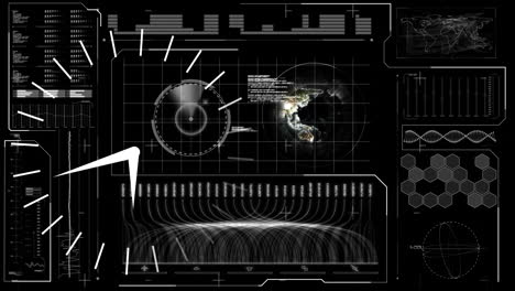reloj digital sobre la interfaz con procesamiento de datos contra un fondo negro