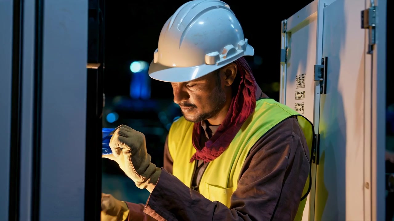 Focused Engineer Working on Electrical Panel at Night