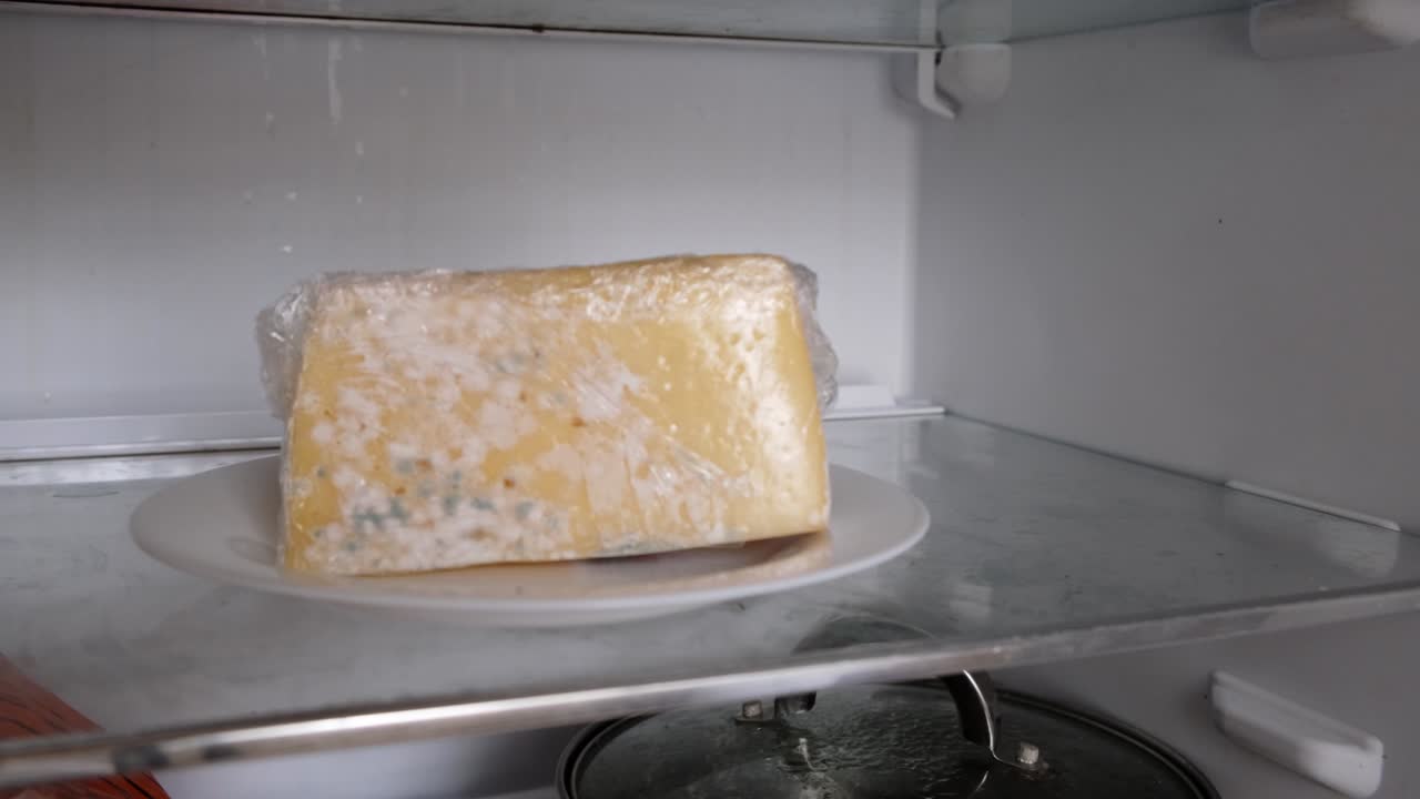 queso estropeado con moho en el refrigerador. almacenamiento inadecuado de productos alimenticios.