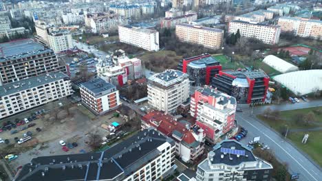 Sofia-Bulgaria-skyline-buildings-and-development,-Drone-shot