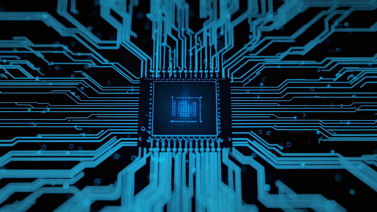 Central microchip glowing steadily on dark circuit board, with radial illuminated blue traces