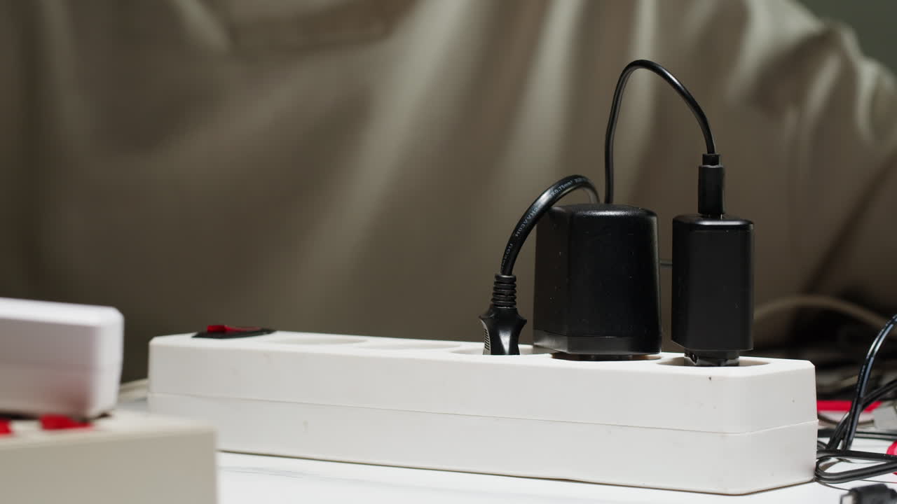 White power strip with many various of cords and cables in close-up. An extension cord with many power sockets. Adapter with phone, headphones, usb connectors.Tangled wires on table. Trying to untangle many messy cables.