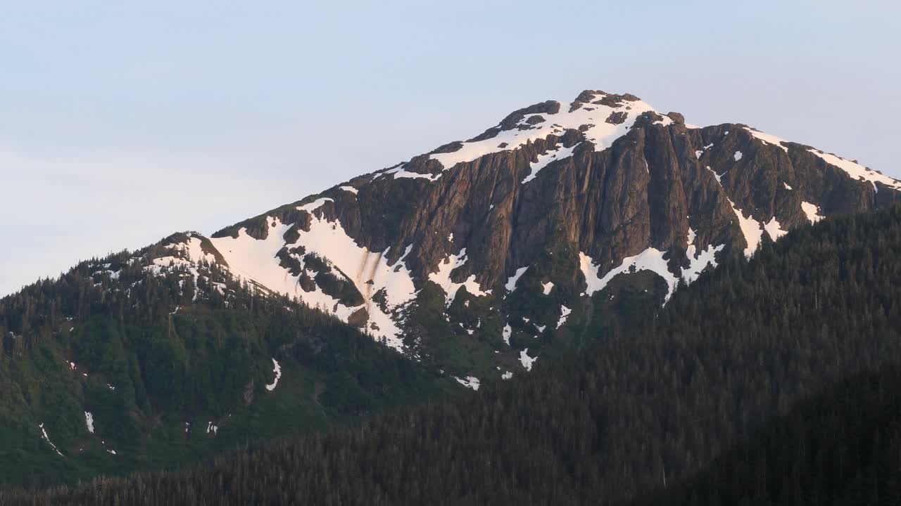 Snow capped Mount Bradley on Douglas Island at sunset, Juneau, Alaska.