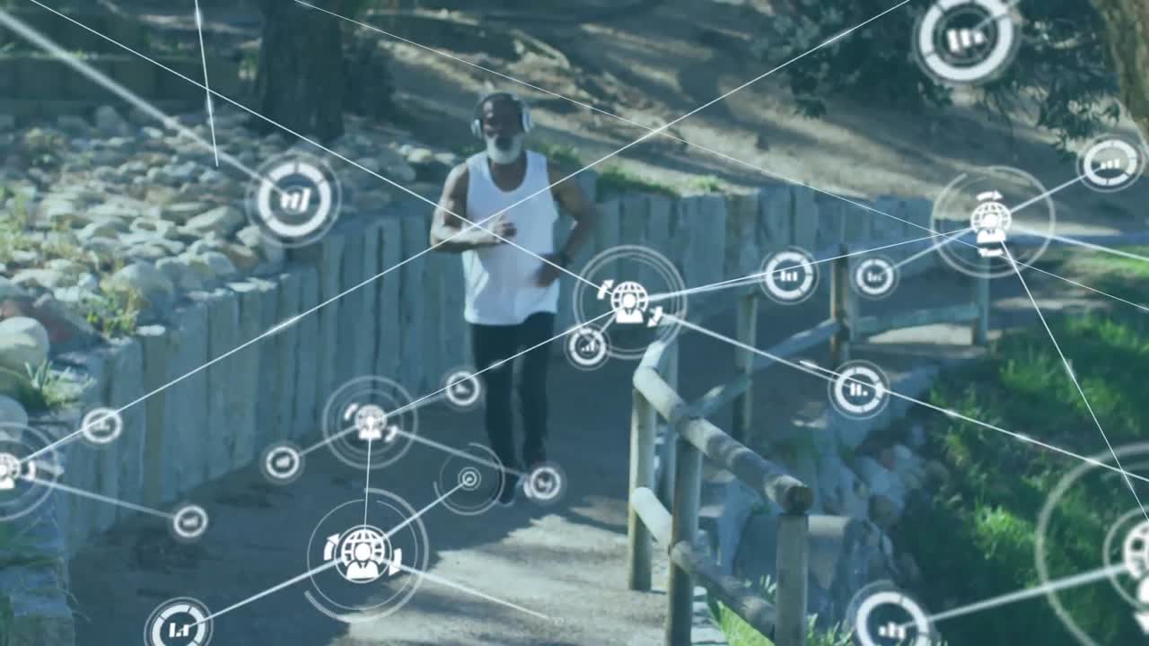 해변에서 달리는 노인 아프리카계 미국인 남자에 대한 연결 네트워크의 애니메이션