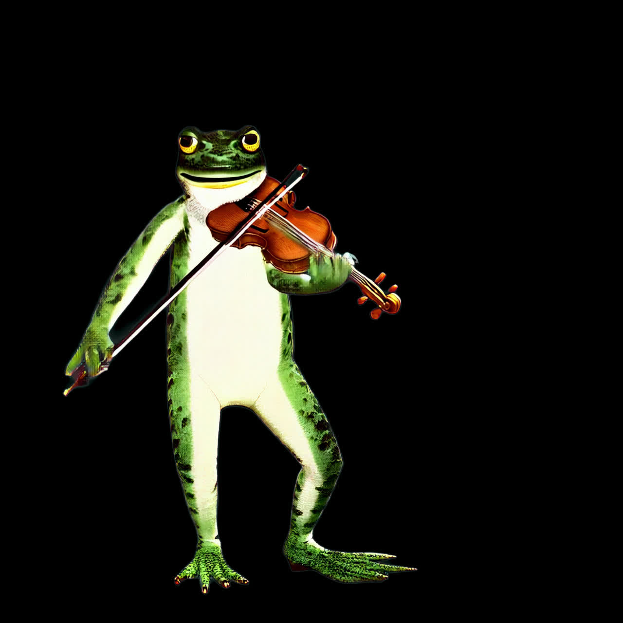 Animazione di una rana che suona creativamente il violino, asset isolato, video 4K trasparente, canale alfa, ProRes.