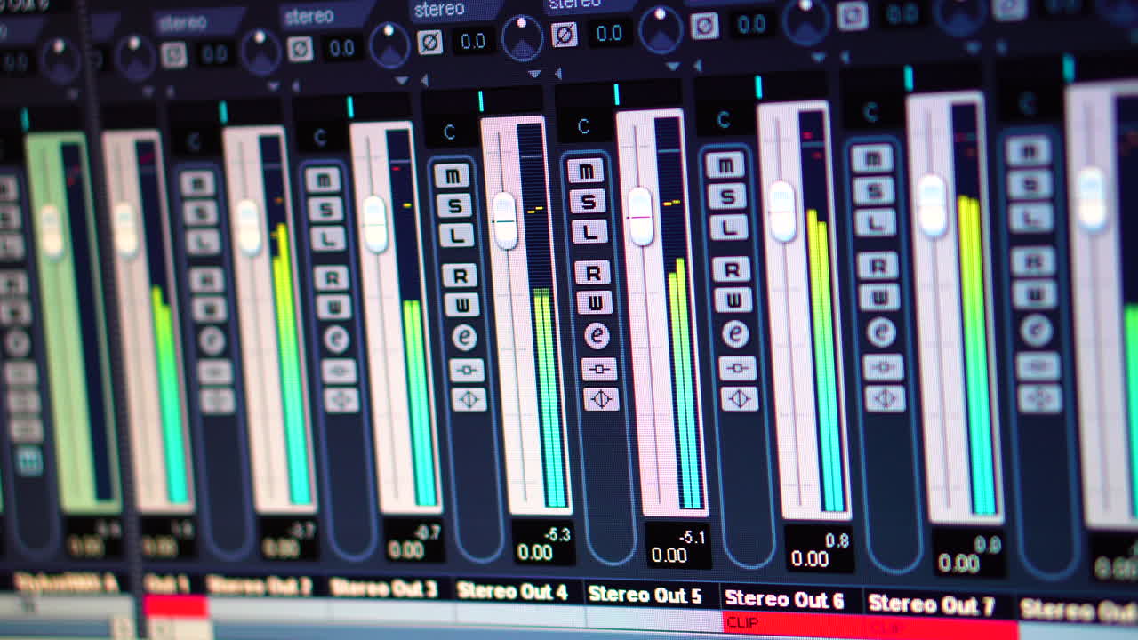 estudio de grabación de audio digital, niveles estéreo de canales en la pantalla del software de la computadora