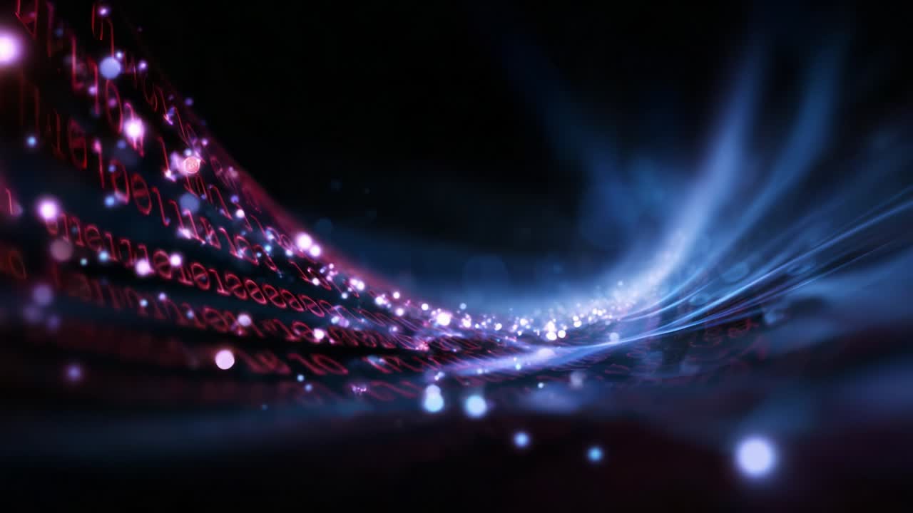 A mesmerizing visual journey through digital landscapes, illustrating the convergence of light, color, and flowing binary data streams, creating an enchanting and dynamic representation of technology's evolution