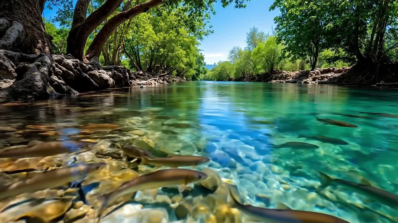 A group of fish swimming in a river surrounded by trees