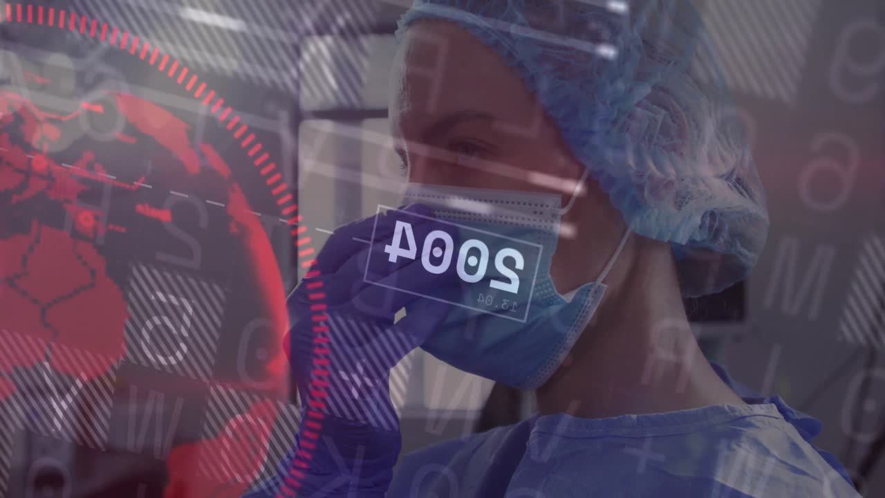 Sovrapposizioni di dati digitali che appaiono gradualmente mentre un professionista medico solleva e fissa la maschera per la procedura.