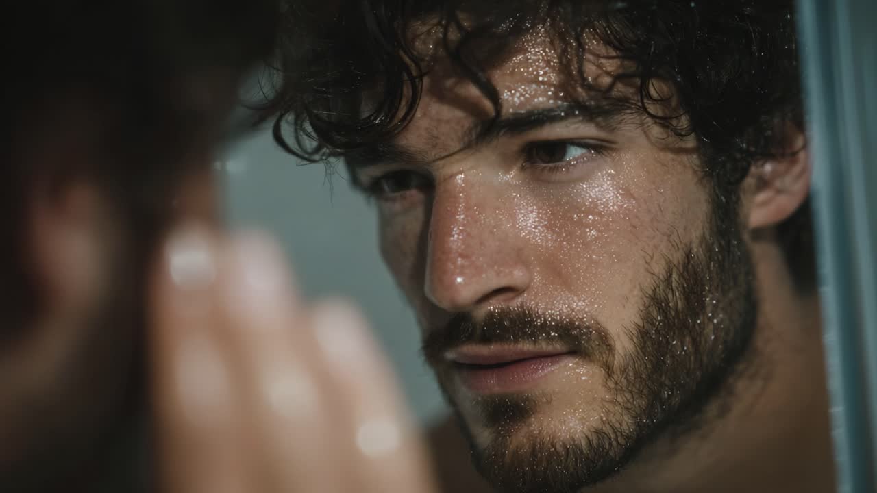 A Close-Up Gaze: Capturing the Intense Reflection of a Young Man with Water Droplets on His Skin, Highlighting the Emotional Depth in a Moment of Self-Contemplation