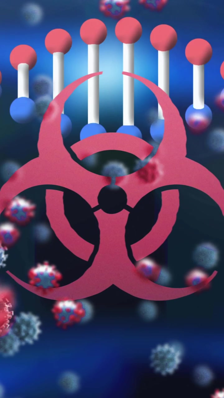 Animazione di rischio biologico e DNA su sfondo blu con virus