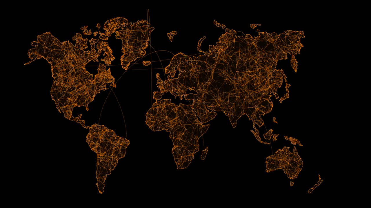 Abstract brown and orange glowing world map on black background. Digital particles form a global network, ideal for technology, communication, or business concepts. Seamless loop