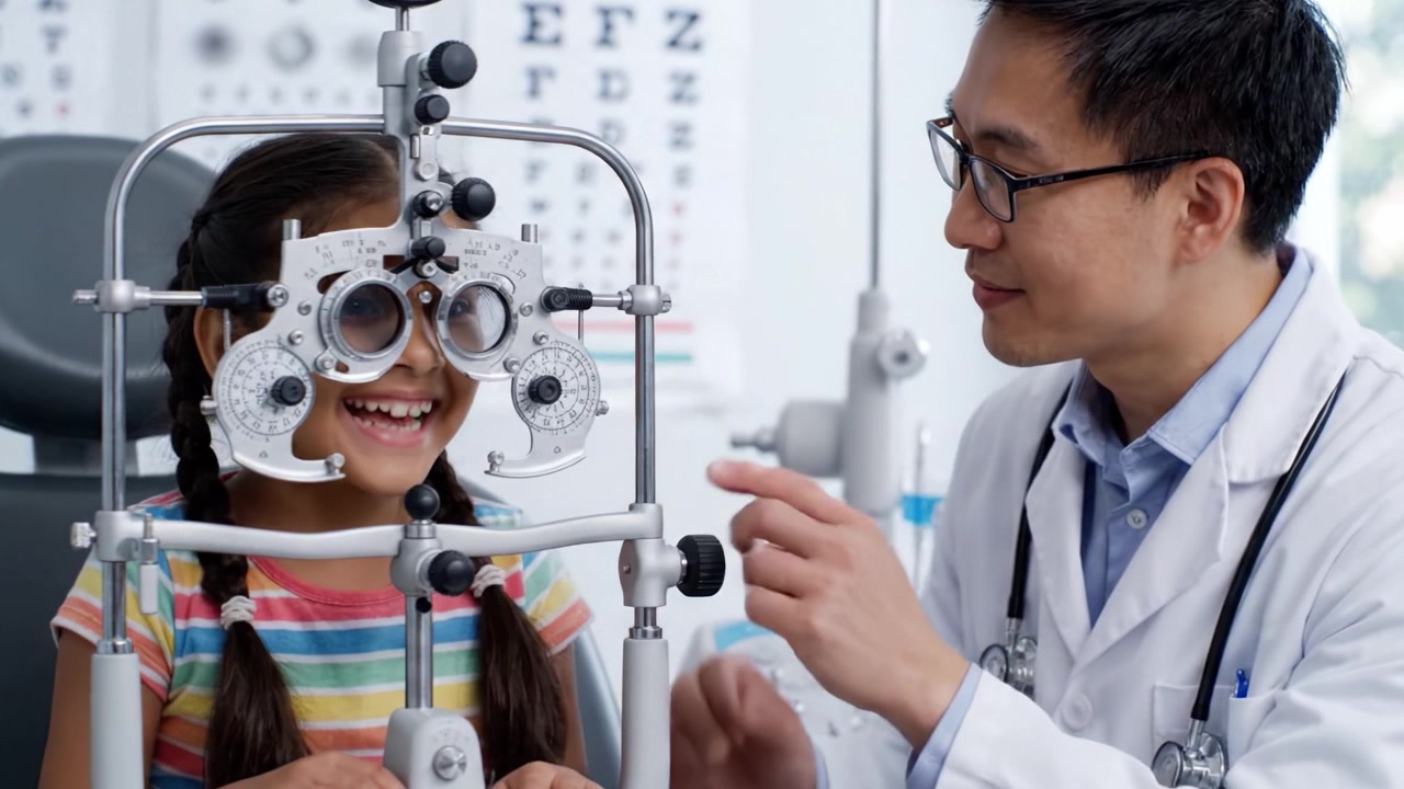 A Smiling Child Undergoing a Vision Checkup with an Eye Care Professional, Highlighting the Importance of Regular Eye Exams for Healthy Sight