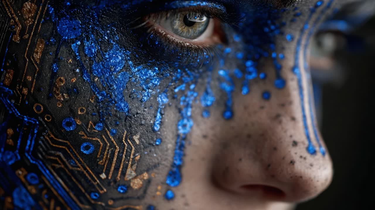 A Close-Up View of a Face Adorned with Intricate Blue and Metallic Face Paint Resembling Circuitry, Capturing the Fusion of Technology and Artistry
