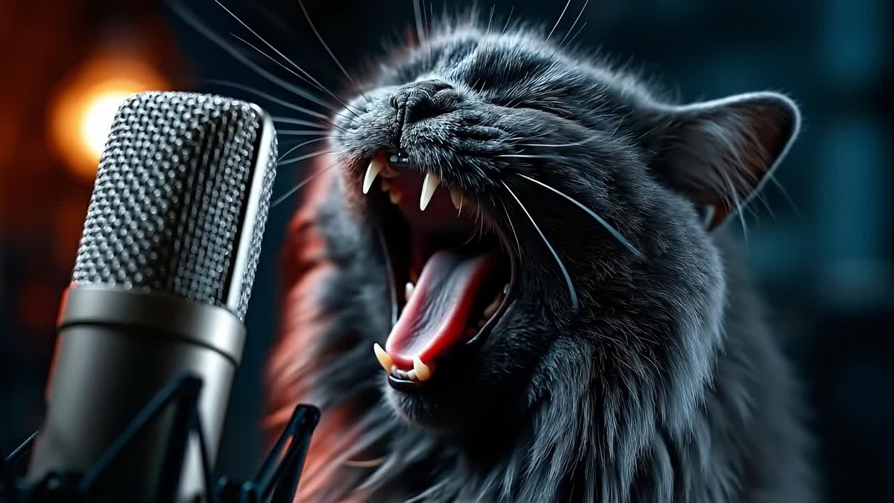 A black cat yawning in front of a microphone