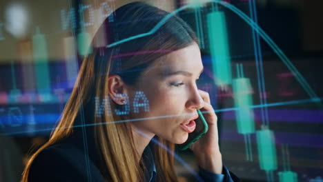 Woman-professional-talking-smartphone-in-stock-market-data-reflection-closeup.