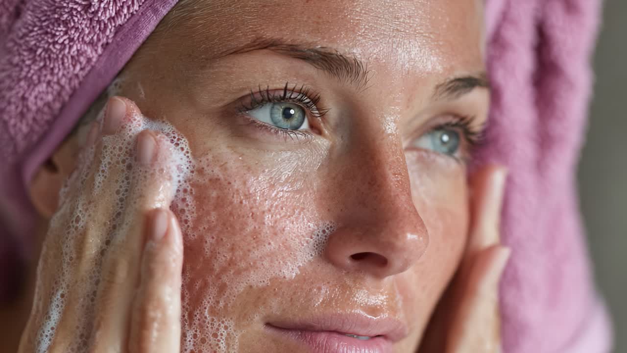 A woman engages in a rejuvenating skincare routine, applying cleansing foam to her face while wearing a soft towel, emphasizing self-care and beauty