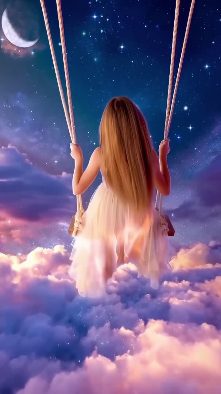 Vista aerea di una ragazza su un'altalena sopra le nuvole, in un concetto video etereo e sognante, Live mobile