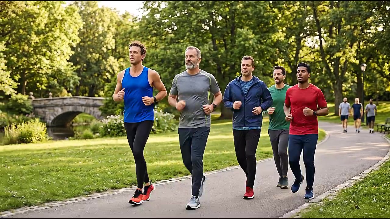 Gruppo di corridori che si allenano insieme all'aperto durante una sessione di allenamento fitness comunitario