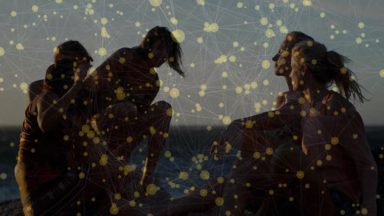Travel friends sitting horizon rock starting chatting as fifth woman appearing joining semicircle