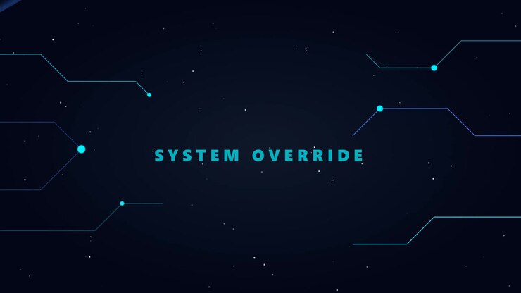 Animazione di testo 'System Override' con elementi di circuiti digitali