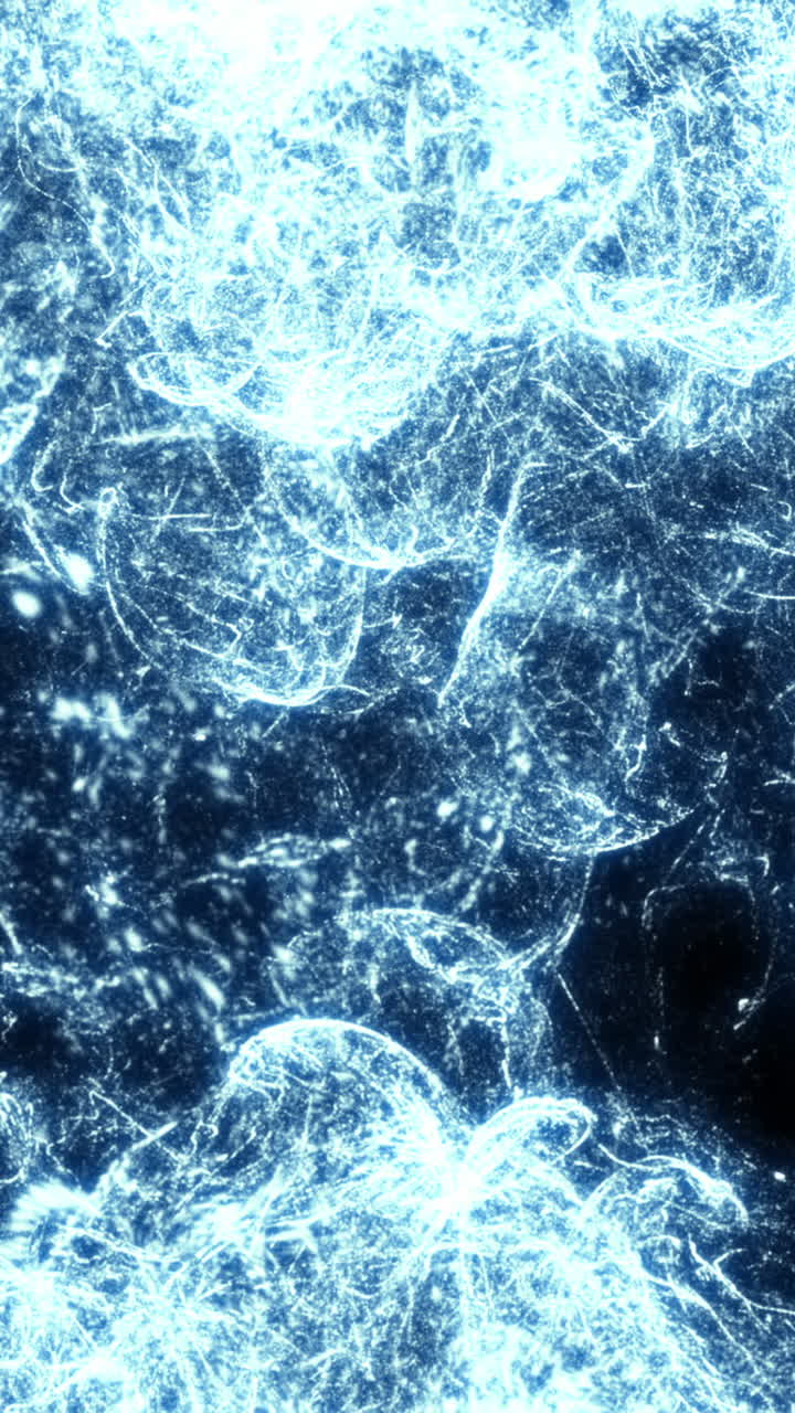 Particelle di energia blu astratte che fluiscono e si espandono su sfondo scuro
