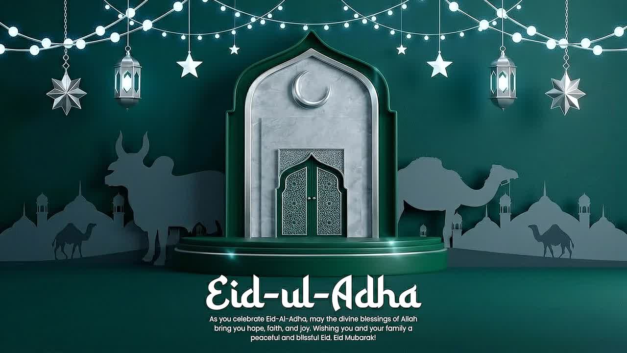 Animazione banner di auguri Eid Ul Adha con portale di moschea, luna crescente, lanterne e silhouette di animali su sfondo scuro.