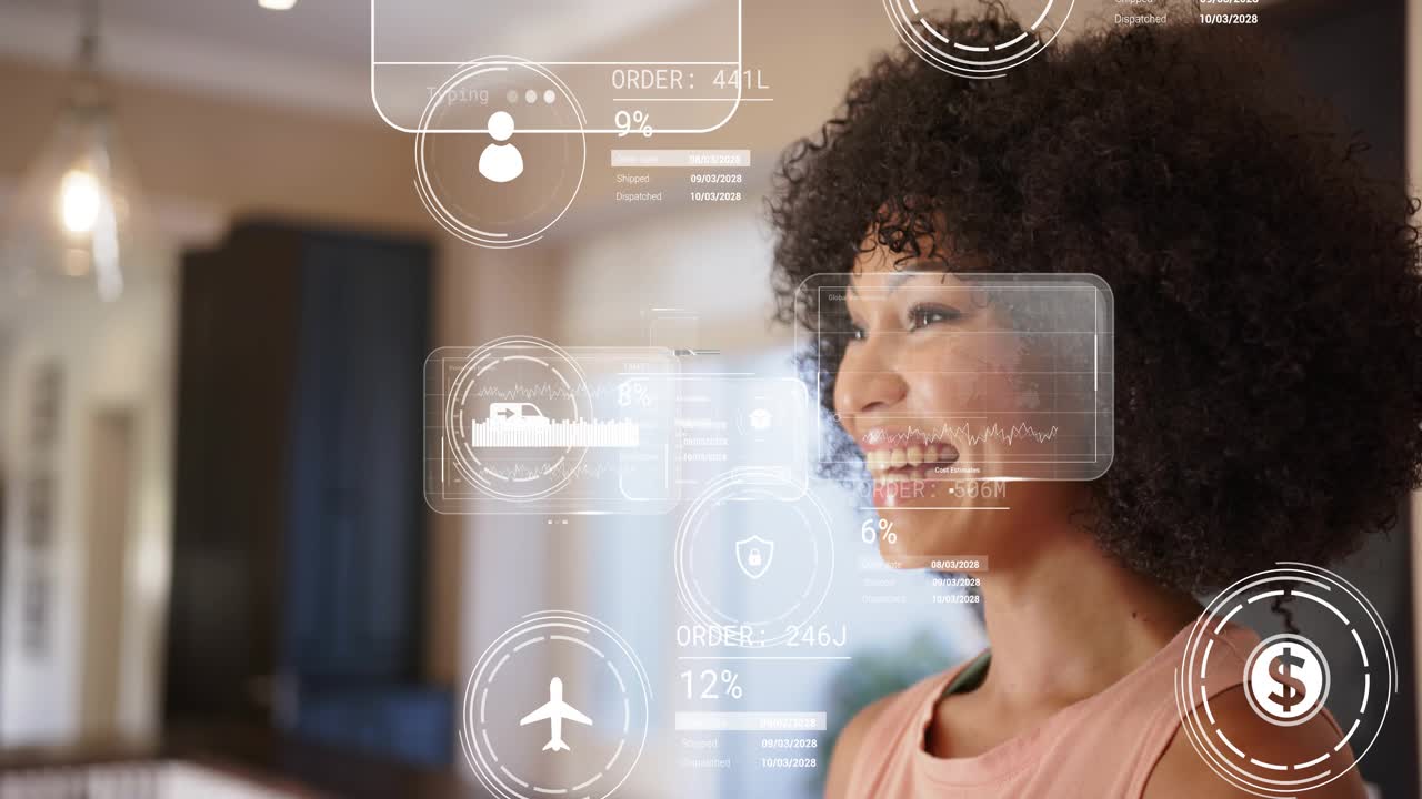 Woman standing in living room watching panels appearing near right eye and tracking order progress