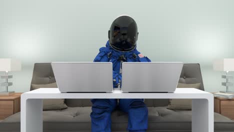astronauta en traje espacial trabajando con computadoras portátiles. escribiendo código.