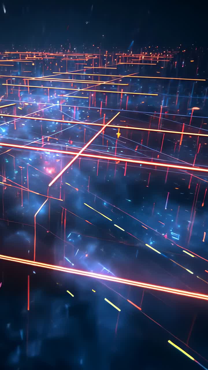 Vertical video: Moving camera tilting, revealing neon grid above nebula with red pillars, blue orb